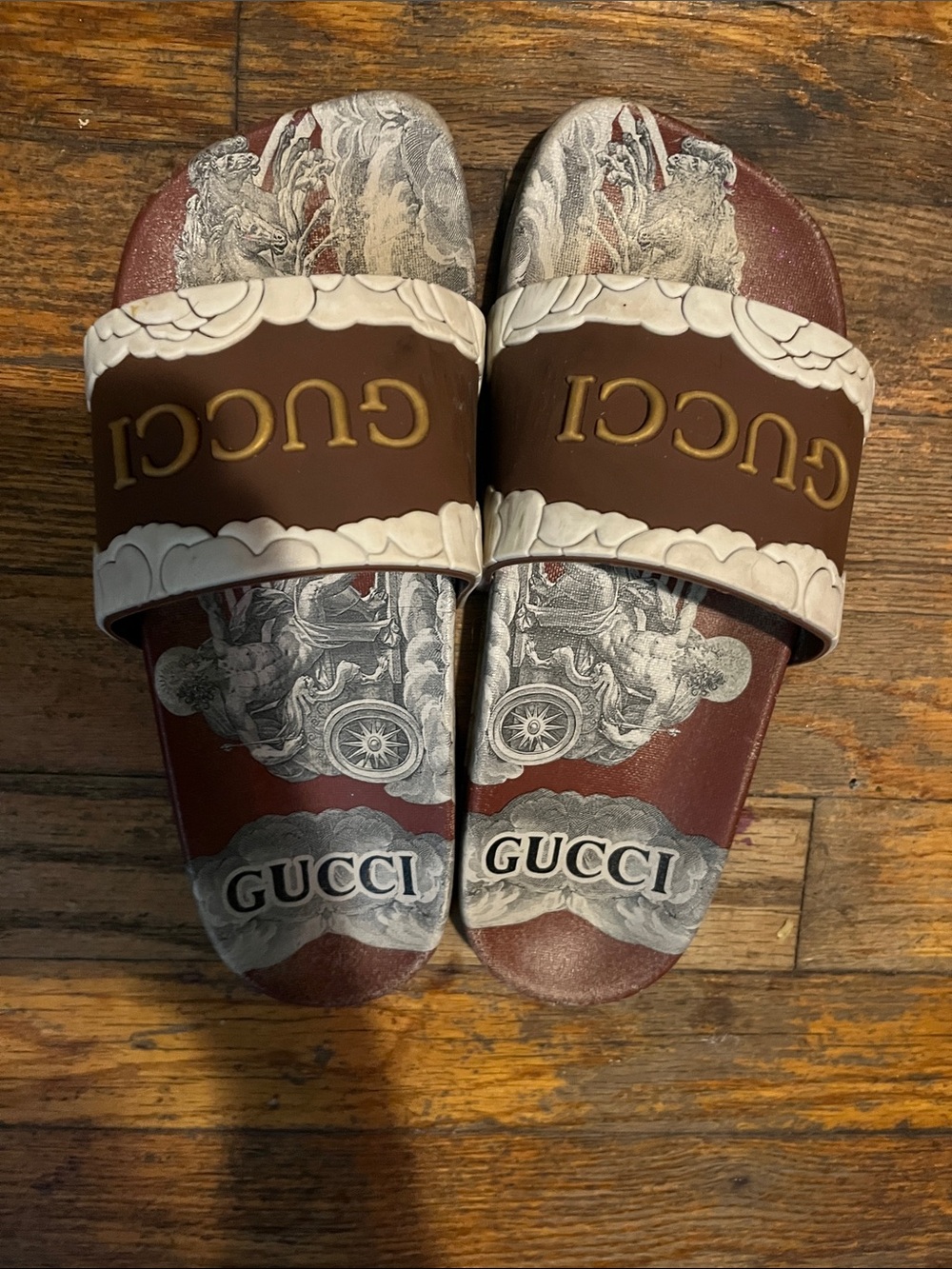 Gucci Brown and White Logo Slide Sandals